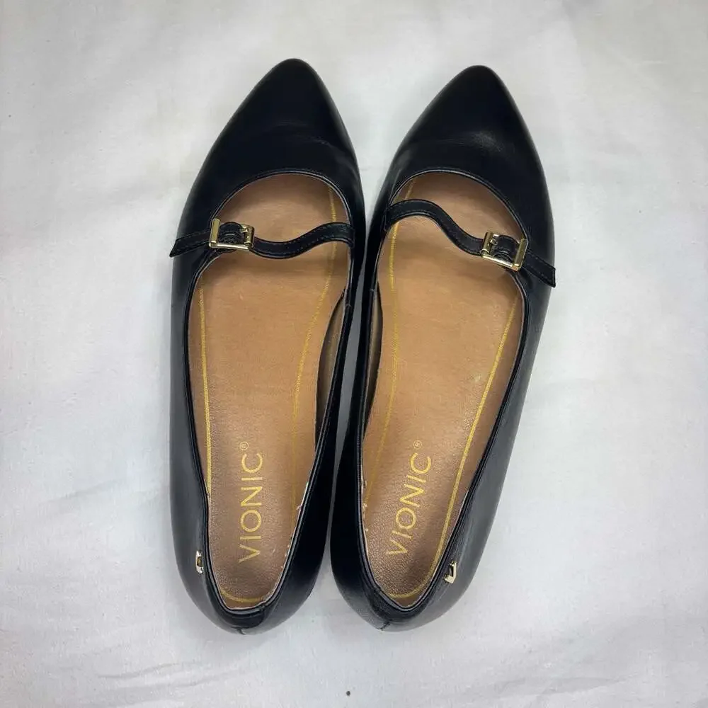 Vionic Black Leather Gem Delilah Pointed Toe Mary Jane Flats Size 6.5